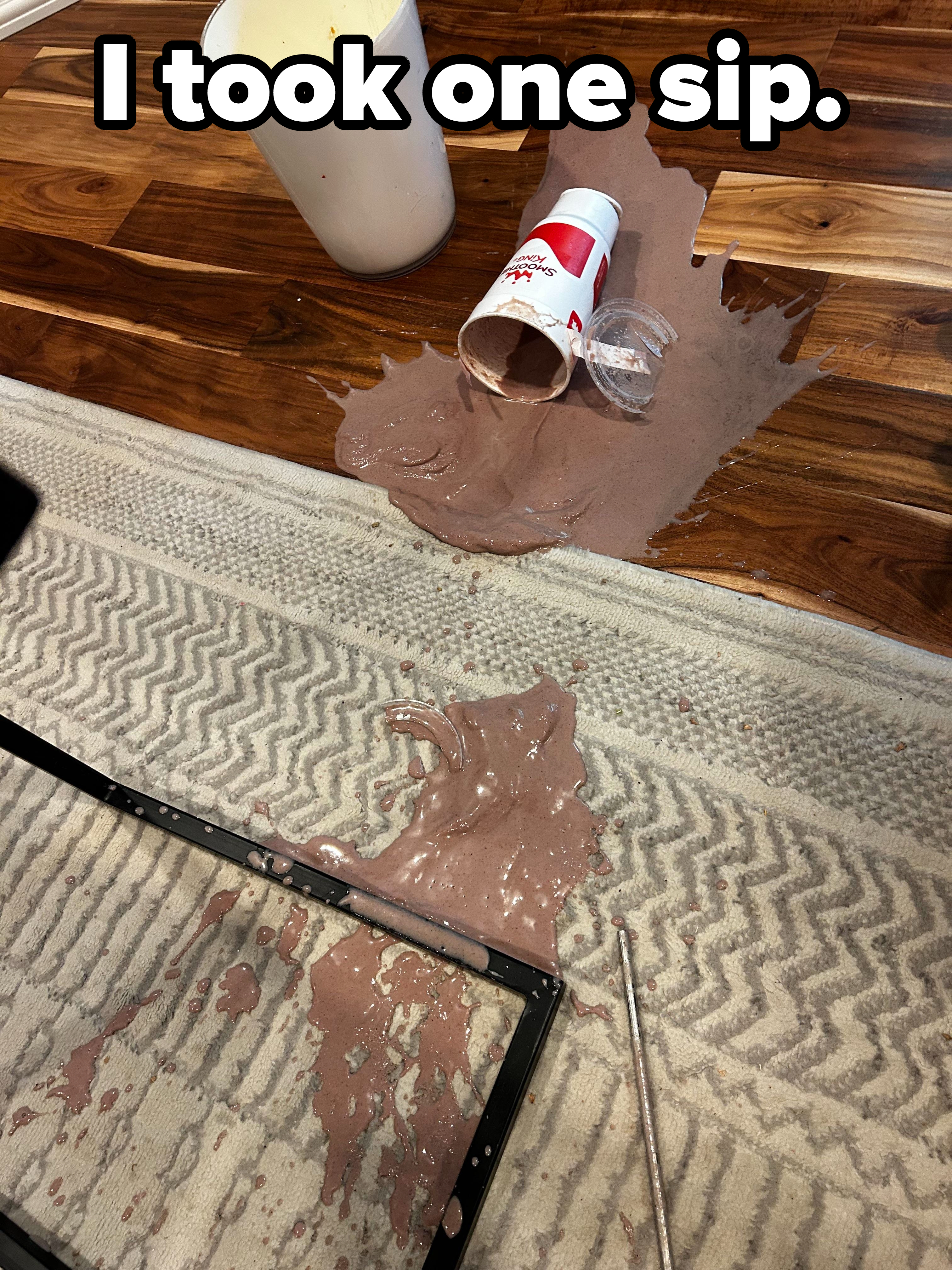 A large chocolate smoothie falls all over a rug with the caption &quot;I took one sip&quot;