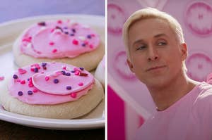 On the left, some frosted sugar cookies, and on the right, Ryan Gosling as Ken in Barbie