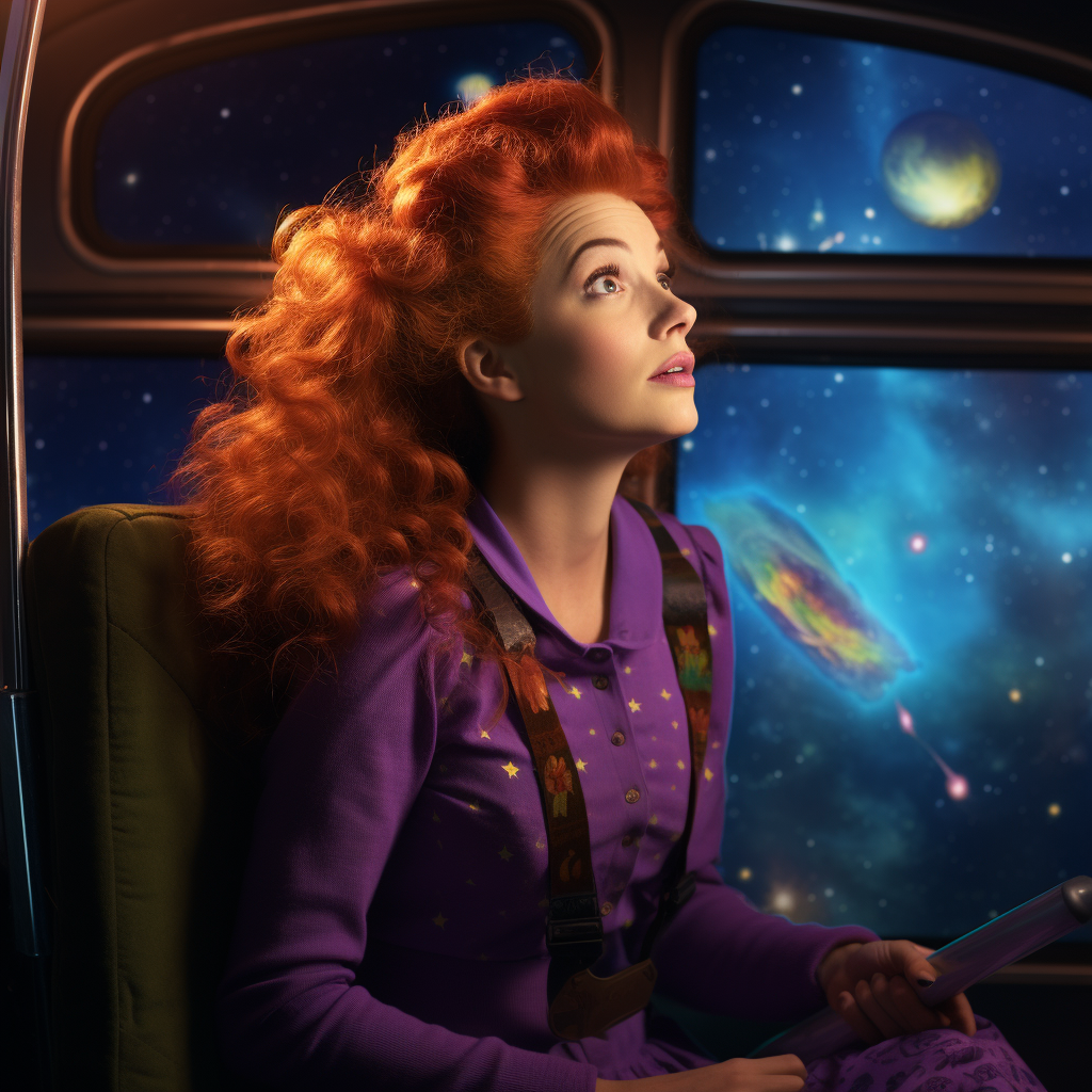 Ms. Frizzle in a purple dress in space