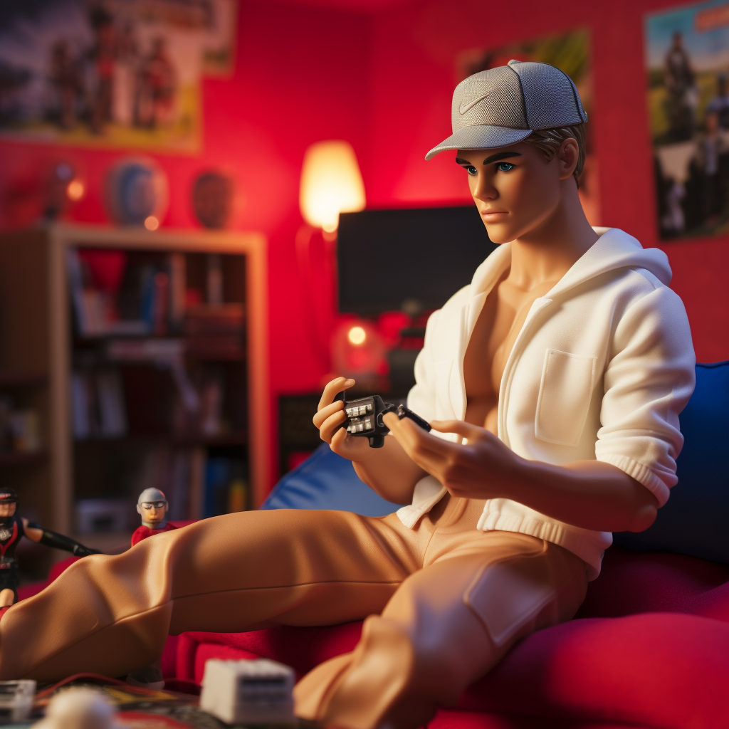 Ken wearing a hat while lounging on a couch with a video game controller in his hands