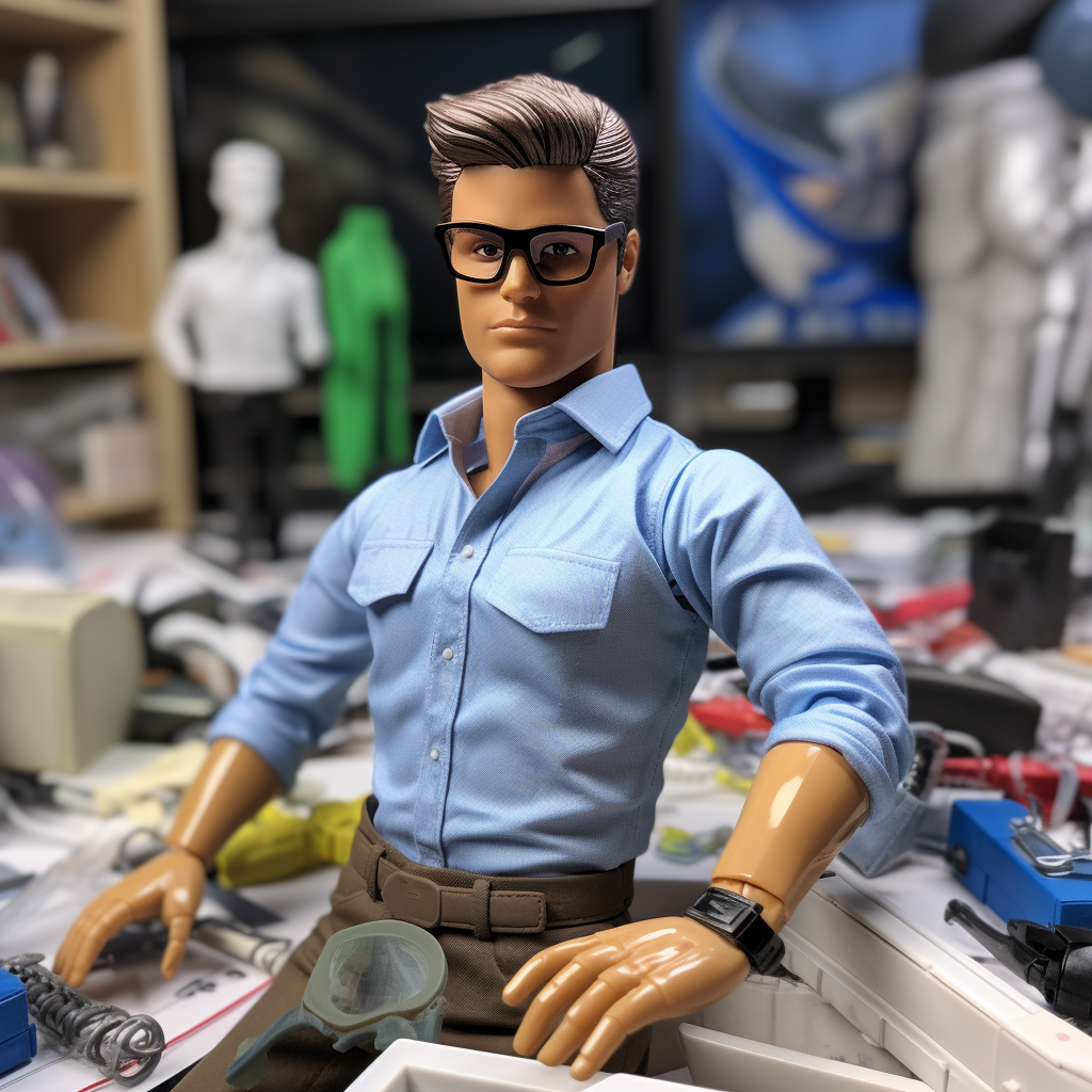 A Ken sitting at a very messy office desk; he's wearing business casual clothes, a watch, and eyeglasses with no lenses