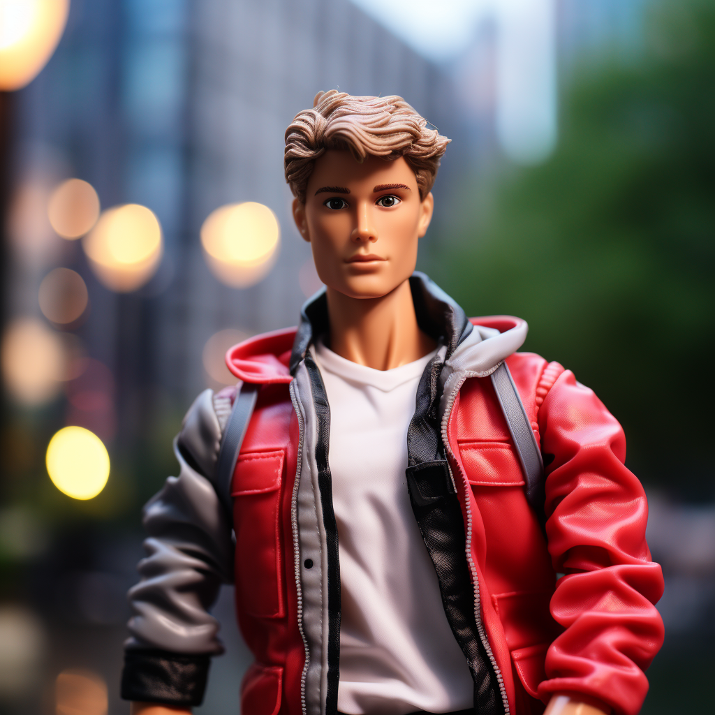 A Ken with wavy hair and wearing a white T-shirt under a red leather jacket and a backpack