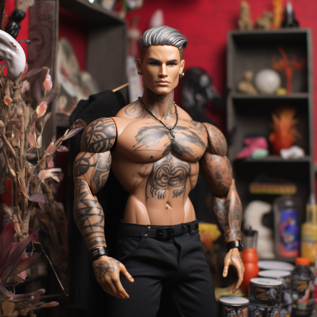 A muscular, shirtless Ken with silver hair, tattoo sleeves covering both arms, and a large tattoo on his chest
