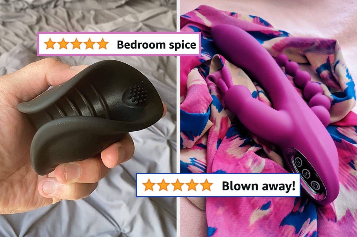 Hand holding black vibrating stroker and pink triple-stimulating rabbit vibrator on scarf