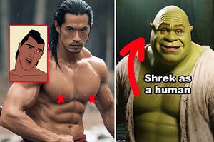Side-by-sides of Li Shang and Shrek as humans