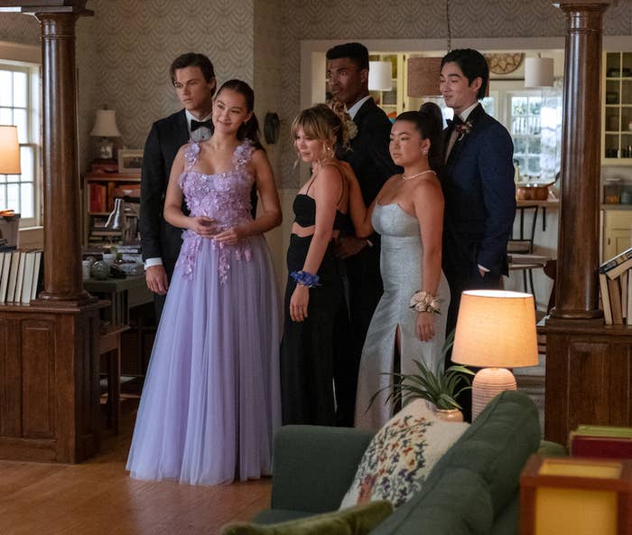 Christopher Briney, Lola Tung, Rain Spencer, and Sean Kaufman posing for prom