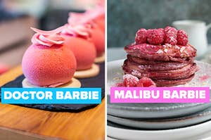 Split thumbnail featuring two pink desserts that suggests one equal doctor barbie and the other equals Malibu barbie