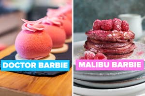 Split thumbnail featuring two pink desserts that suggests one equal doctor barbie and the other equals Malibu barbie