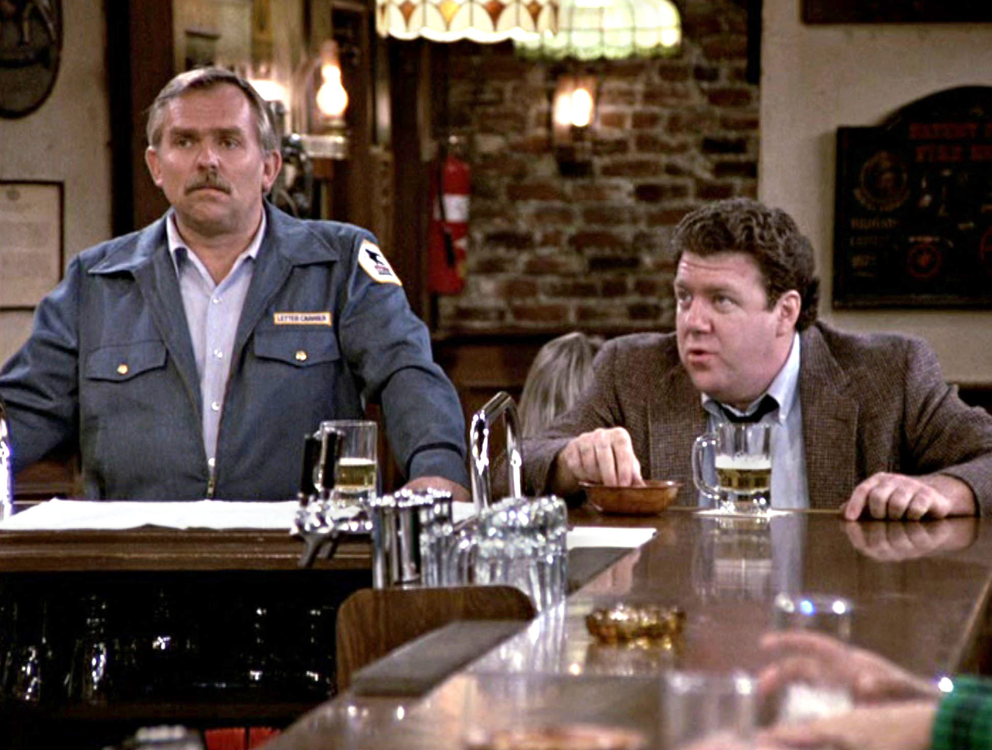 John Ratzenberger as Cliff Clavin and George Wendt as Norm Peterson in the &quot;Cheers&quot; episode &#x27;A Bar is Born,&#x27;