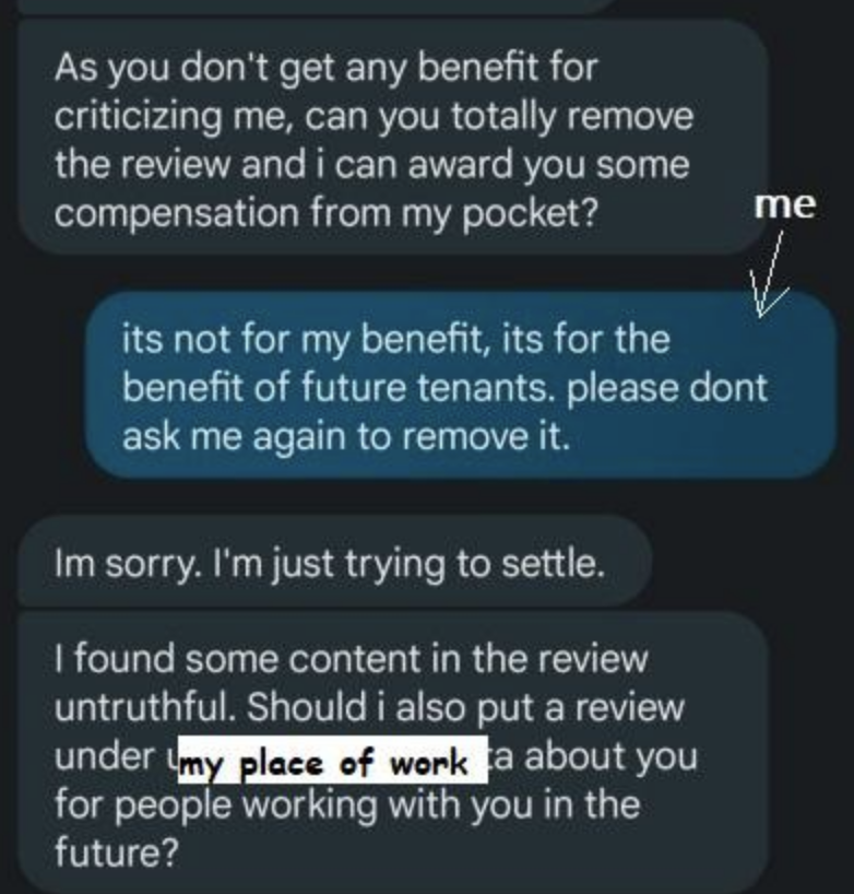 landloard threatening the former tenant to post a review of them on their employer&#x27;s page