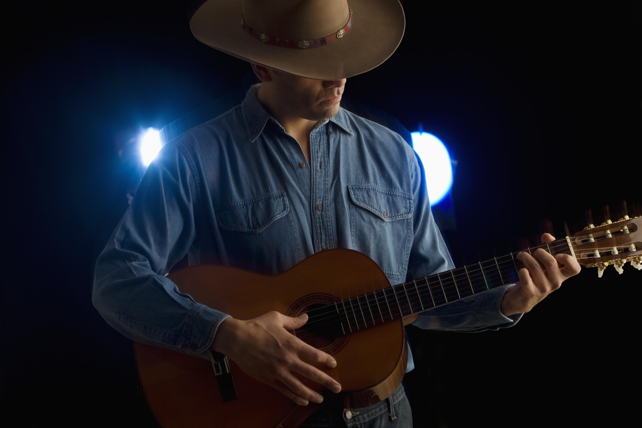 A man wearing a wide-brimmed hat and playing guitar
