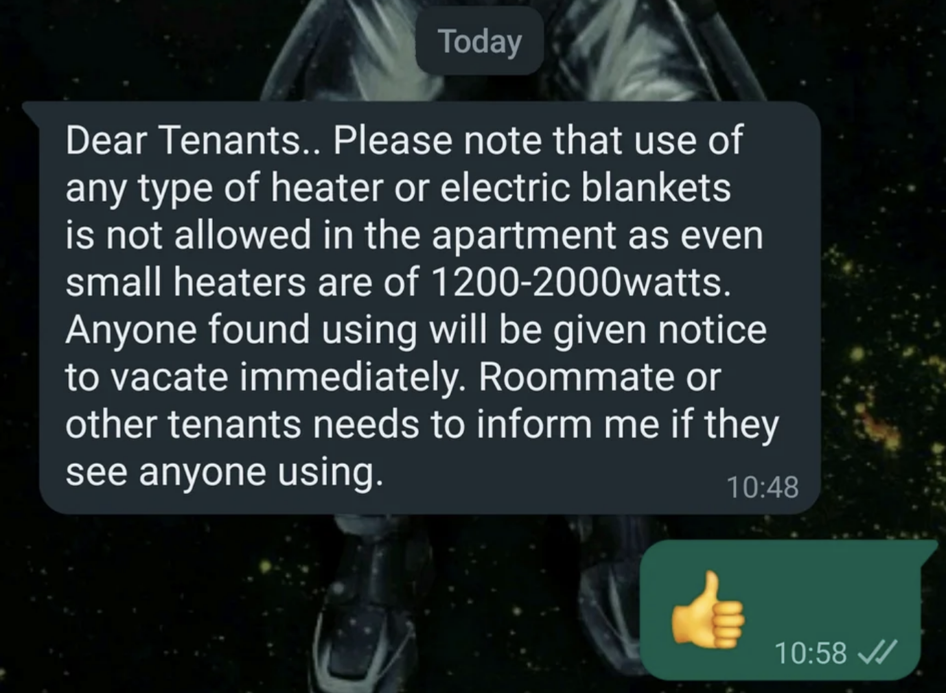 dear tenants anyone found using electric blankets will be given notice to vacate immediately