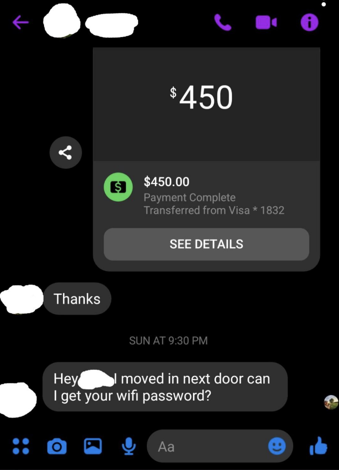 text asking the tenant for the wifi password after they moved in next door