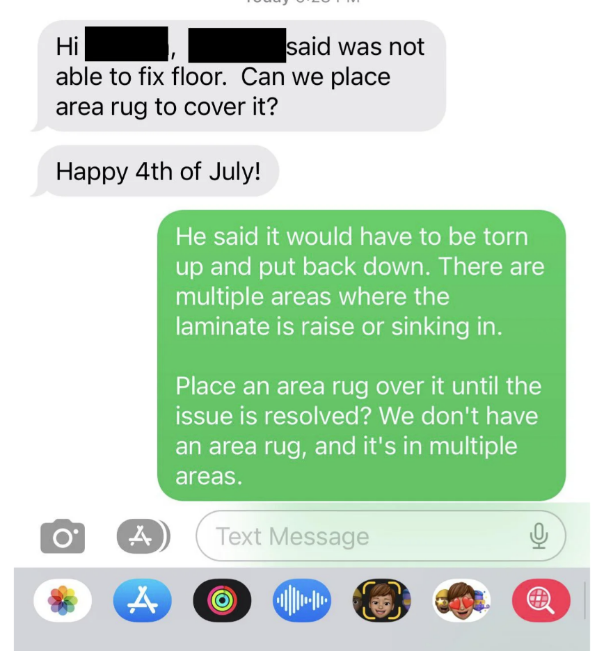 landlord text to cover the sinking floor with a rug