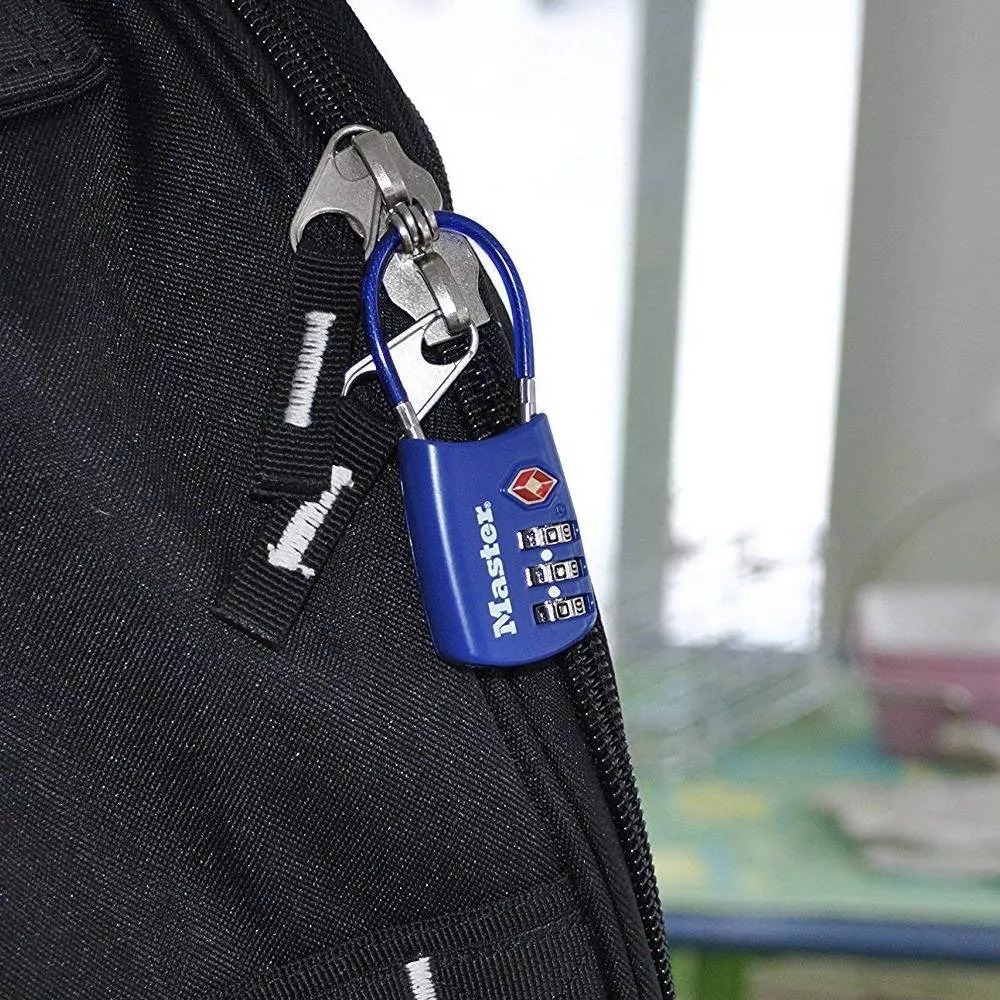 blue combination lock on black backpack