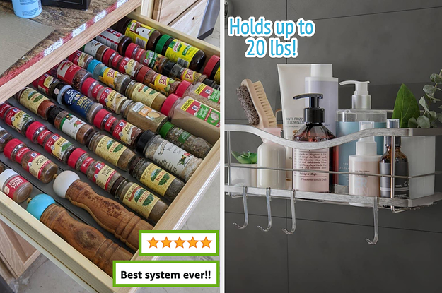 (left) spice drawer organizer (right) shower caddy