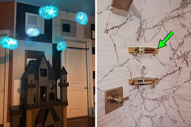 Led cloud light hung over a cardboard castle and brass corner shower shelves