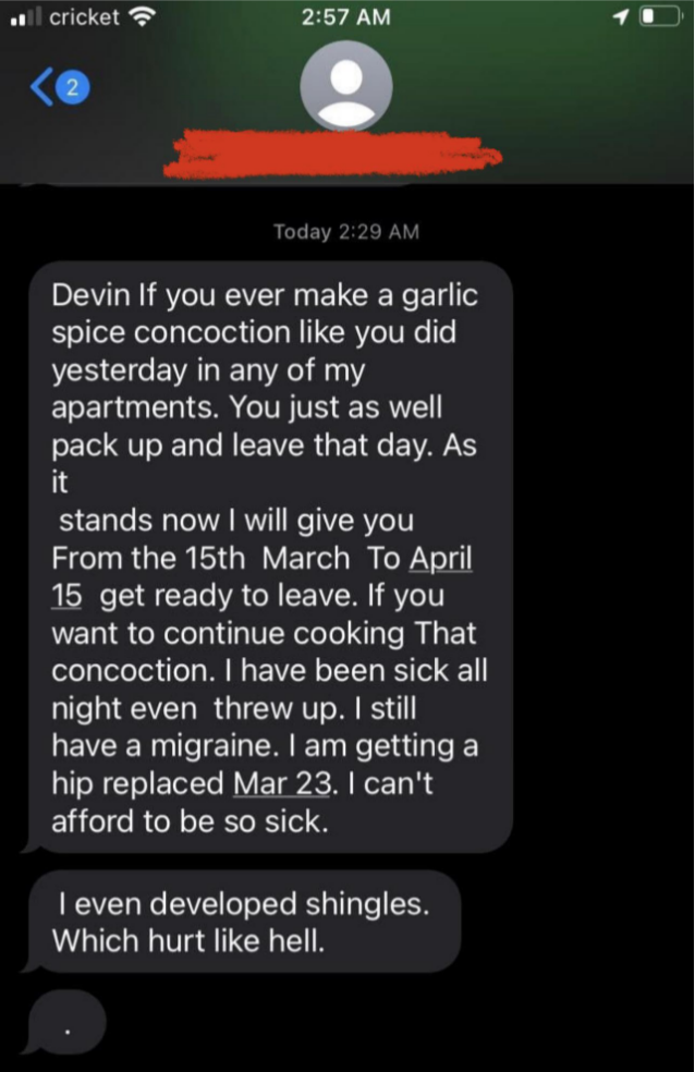 landlord trying to evict someone for using spices and trying to blame the smell of spices for giving them shingles