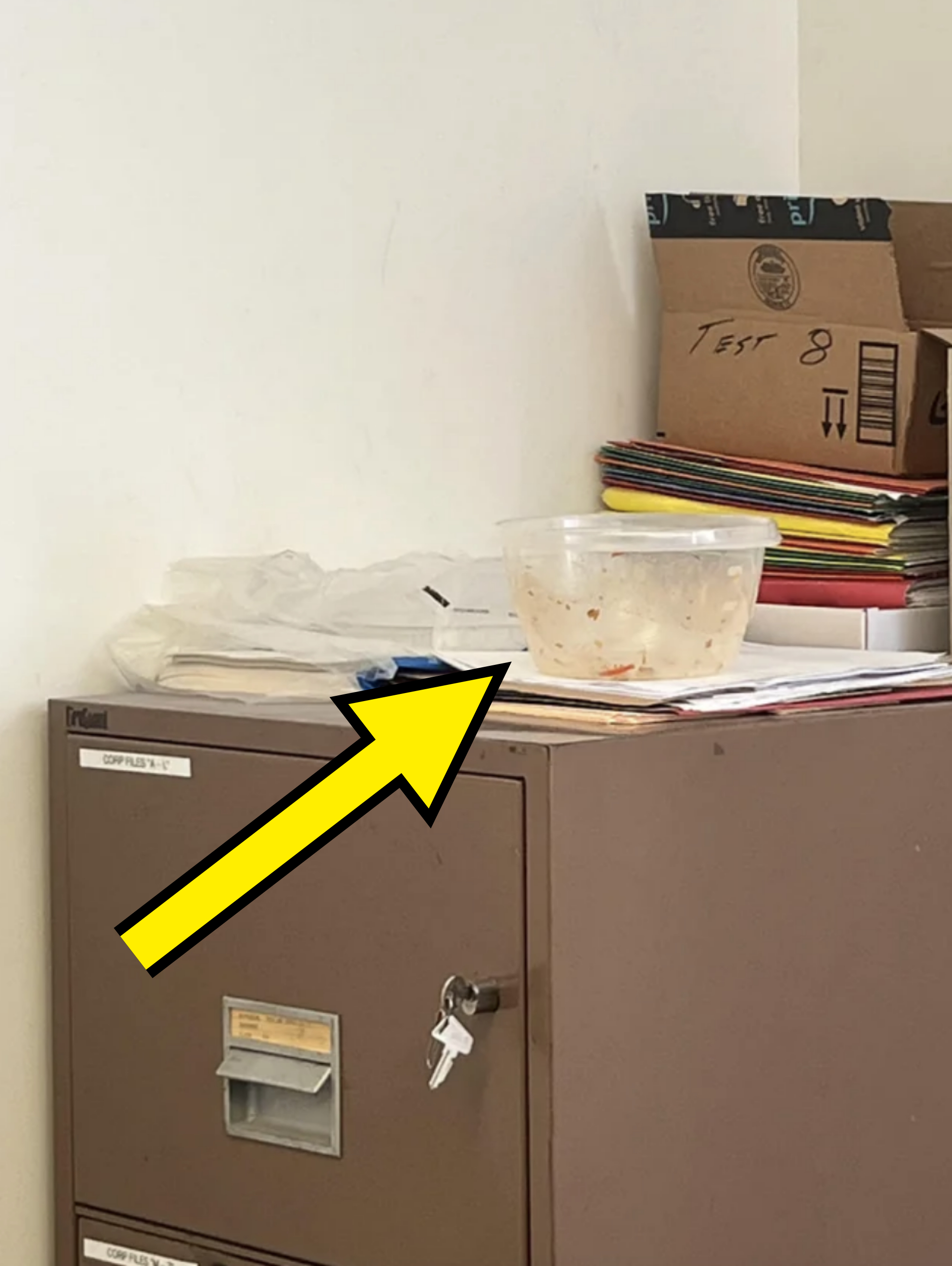 An empty, dirty Tupperware container has been left on top of the office&#x27;s filing cabinets