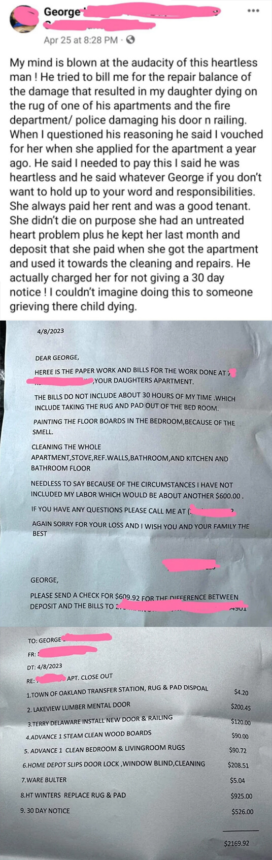 note of the landlord charging over $2000 to the grieving dad