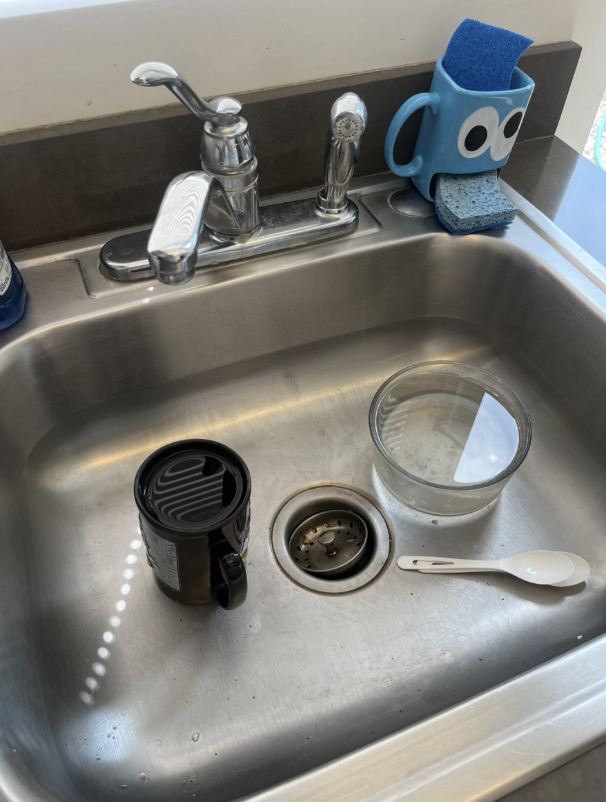 A used mug and bowl have simply been filled up with water and left in the sink