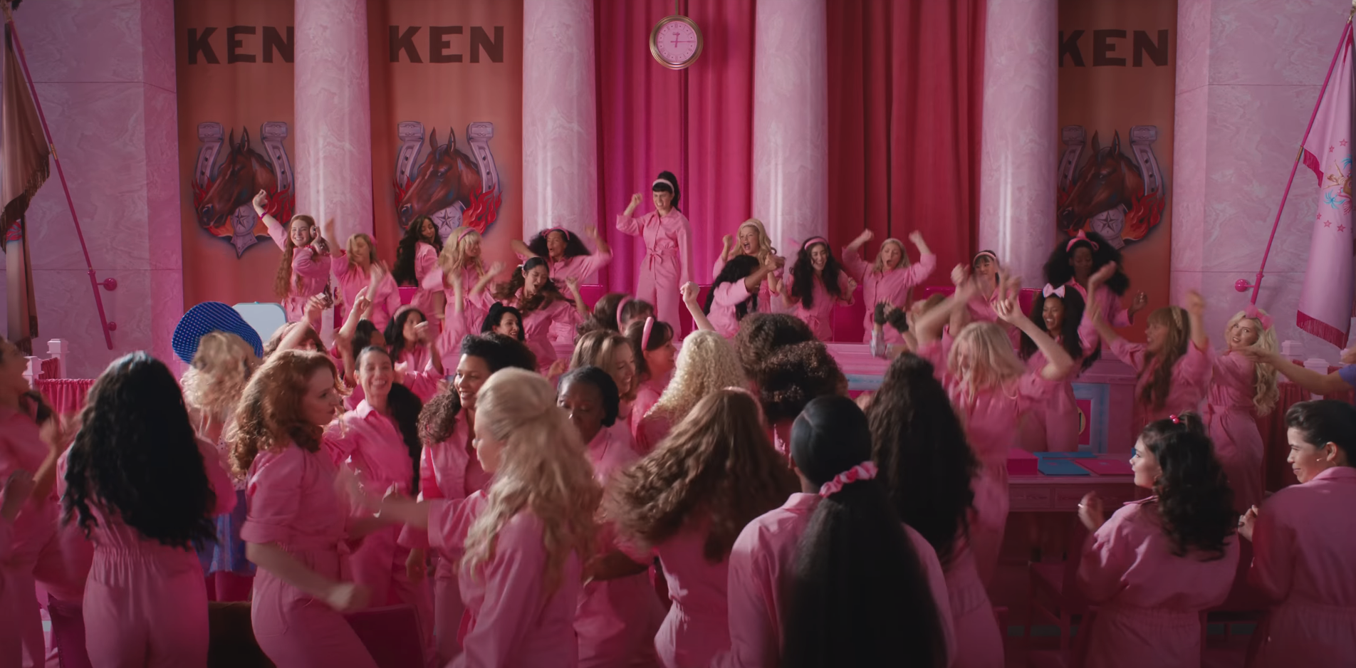 Screenshot from &quot;Barbie&quot; of multiple Barbies dancing