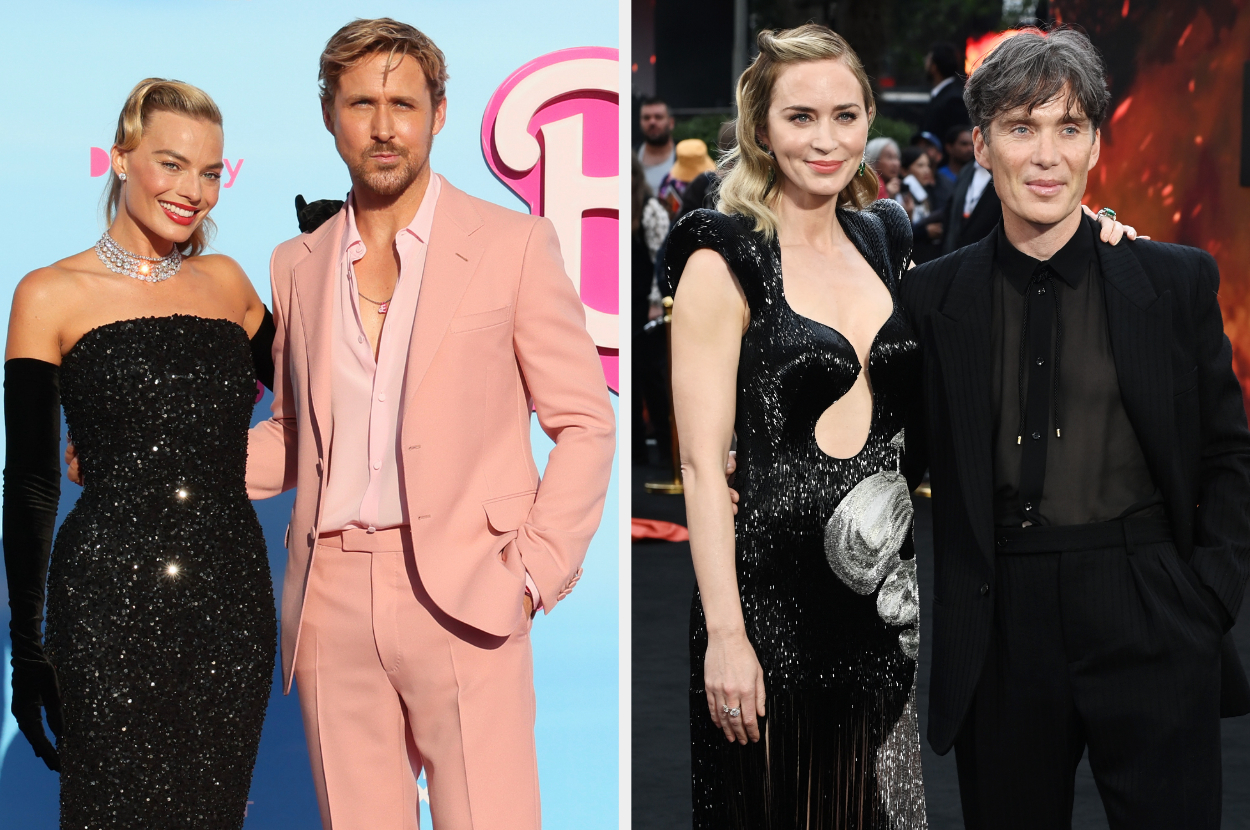 Side-by-side of Margot Robbie and Ryan Gosling, and Emily Blunt and Cillian Murphy