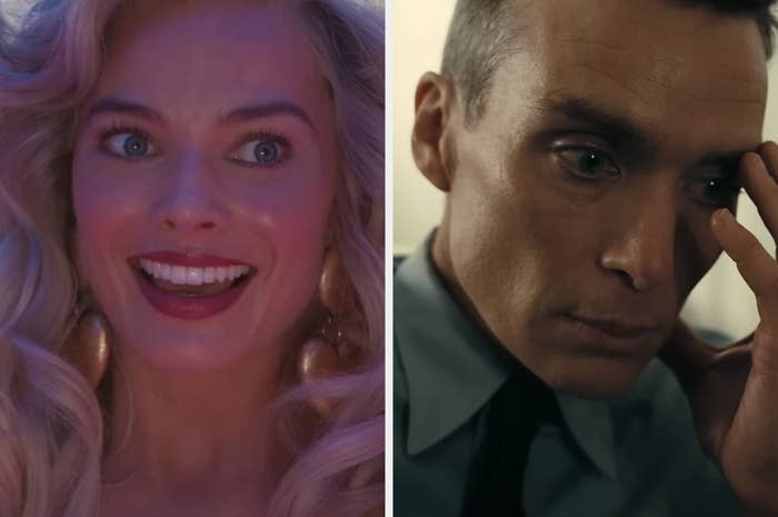 Side-by-side of Margot Robbie as Barbie and Cillian Murphy as J. Robert Oppenheimer