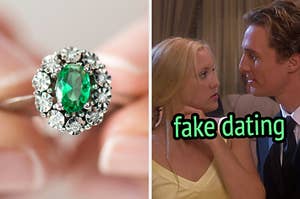 On the left, someone holding an emerald ring, and on the right, Kate Hudson and Matthew McConaughey looking into each other's eyes as Andie and Benjamin in How to Lose a Guy in 10 Days labeled fake dating