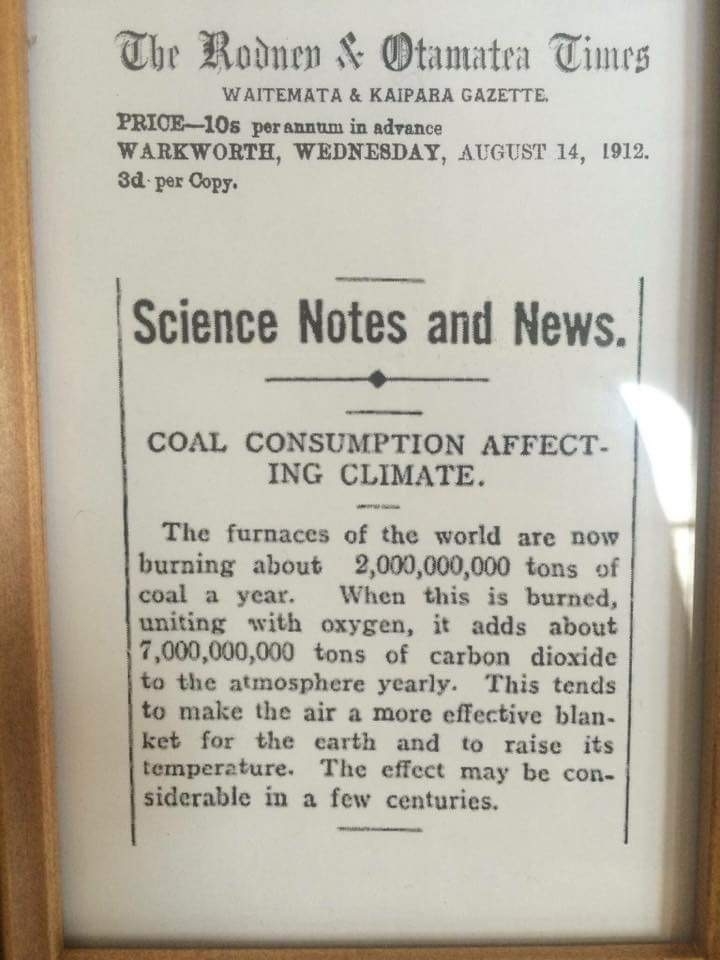 Newspaper column dated Aug 14, 1912, with headline &quot;Coal consumption affecting climate&quot;: &quot;The furnaces of the world are now burning about 2,000,000,000 tons of coal a year,&quot; and the effects of the Earth warming &quot;may be considerable in a few centuries&quot;
