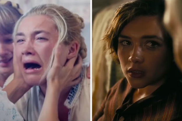 On the left, Florence Pugh screaming and crying as Dani in Midsommar, and on the right, Florence Pugh crying as Jean in Oppenheimer