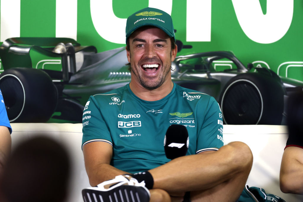 : Fernando Alonso of Spain and Aston Martin F1 Team attends the Drivers Press Conference during previews ahead of the F1 Grand Prix of Hungary