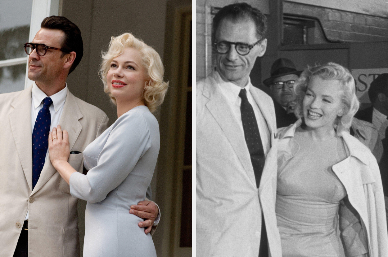 Side-by-sides of Dougray Scott and Michelle Williams and Arthur Miller and Marilyn Monroe