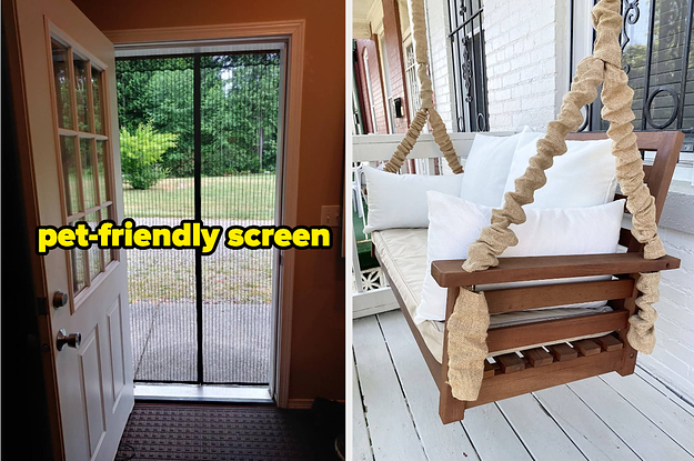 open front door with magnetic screen door on it, porch swing