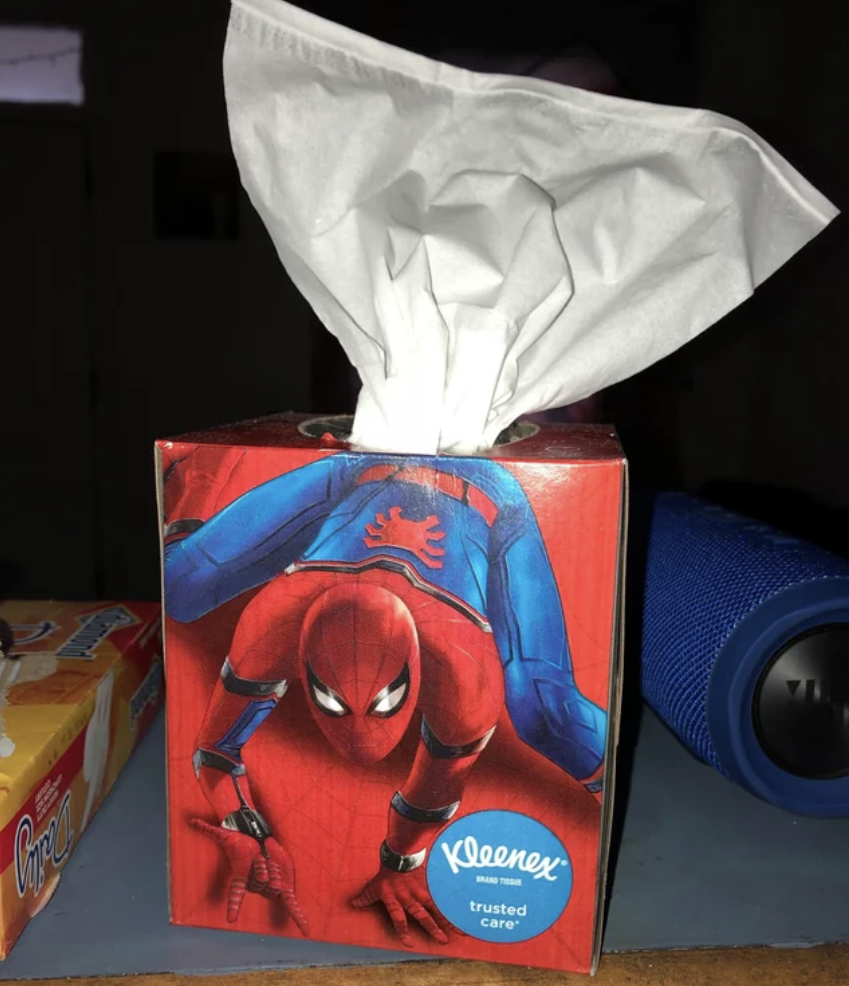 kleenex box designed to look like tissue is coming out of spider-man&#x27;s butt