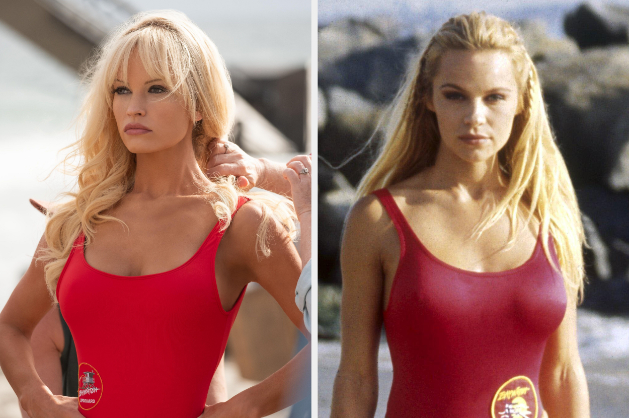 Side-by-side of Lily James and Pamela Anderson