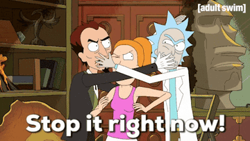 woman splitting up a fight between two guys from Rick and Morty