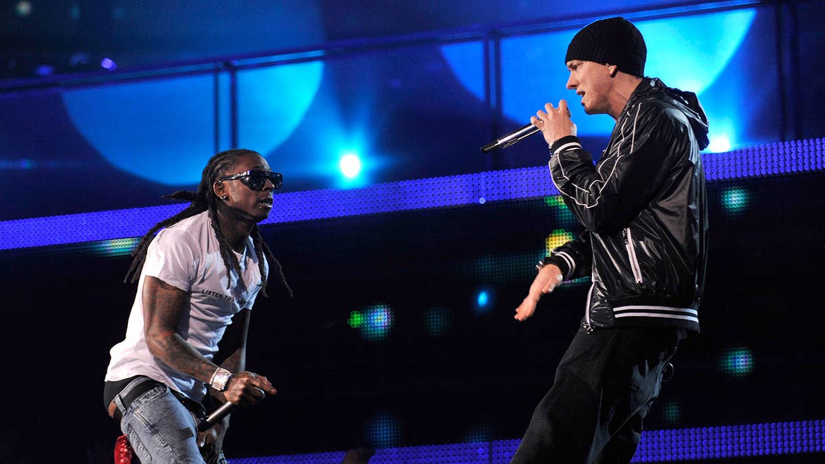 Wayne first appeared on a track with Em on Drake's 2009 song "Forever."