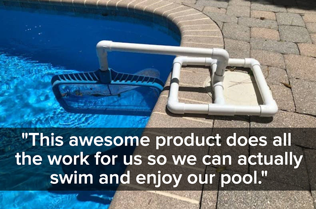 a PVC pip stand with a skimmer nat attached and a quote reading "This awesome product does all the work for us so we can actually swim and enjoy our pool."