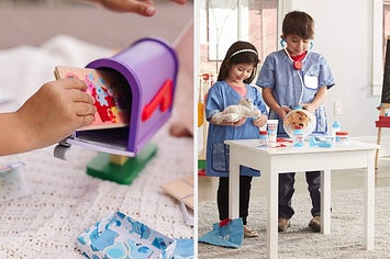 on left: child playing with Blue's Clues mailbox set. on right: kids playing with Melissa & Doug pet vet playset