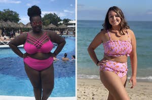 on left: reviewer wearing pink criss-cross bikini with matching bottoms. on right: reviewer wearing pink fruit-printed ruched bikini