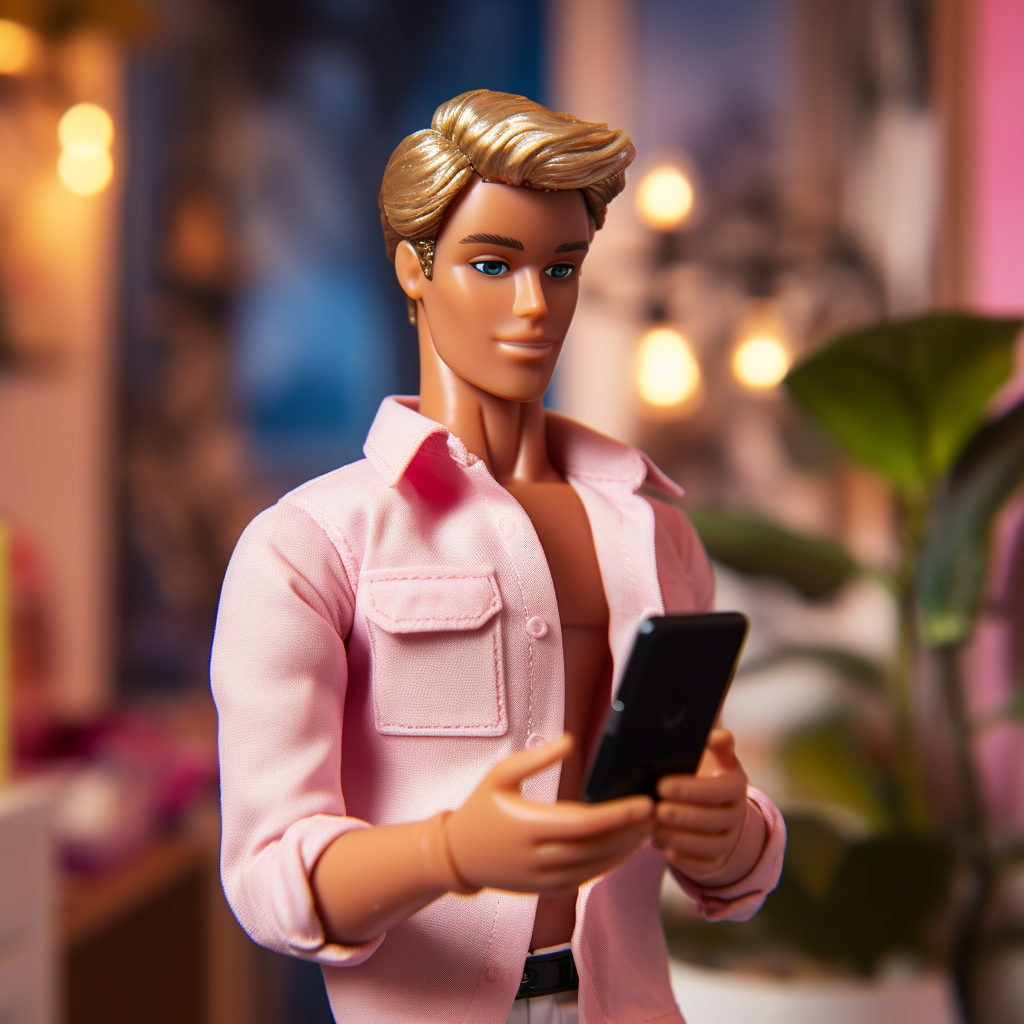 A Ken smiling at a cellphone while wearing a button-up shirt that is fully unbuttoned