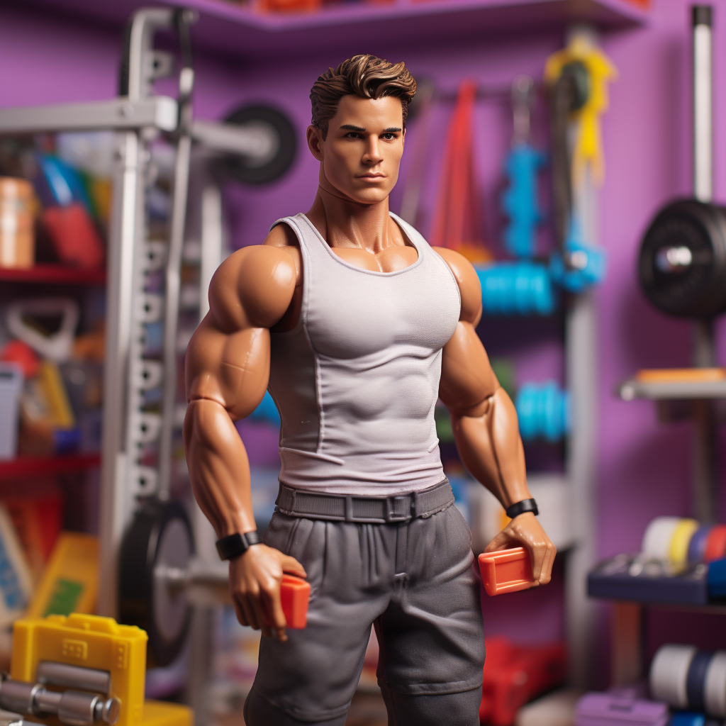 A very muscular Ken wearing a tank top and holding a brick in each hand