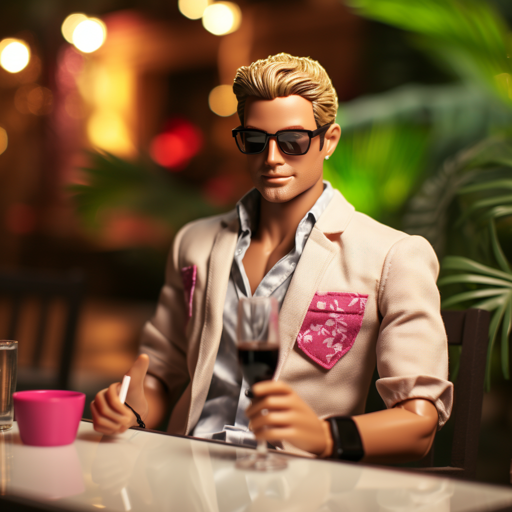 A smiling Ken who is wearing see-through sunglasses, a partially unbuttoned shirt, and a jacket with short sleeves that are ruffled at the elbow; he's sitting at a bar with a drink