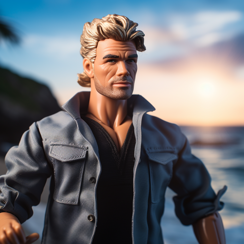 A rugged, older Ken with wavy blonde hair and a fully unbuttoned collared jacket
