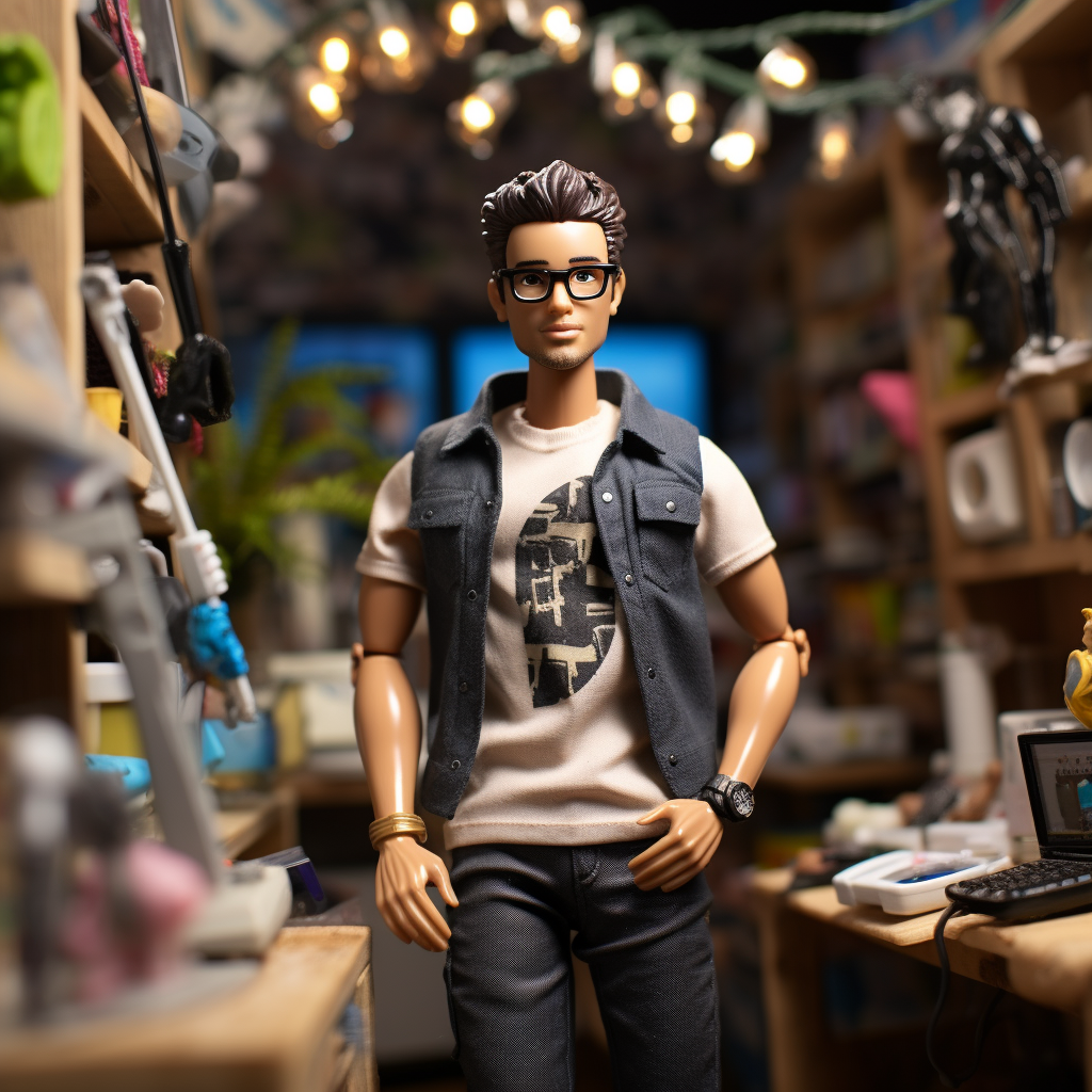 A Ken with combed-back hair, wearing jeans, a nondescript T-shirt, a vest, and eyeglasses