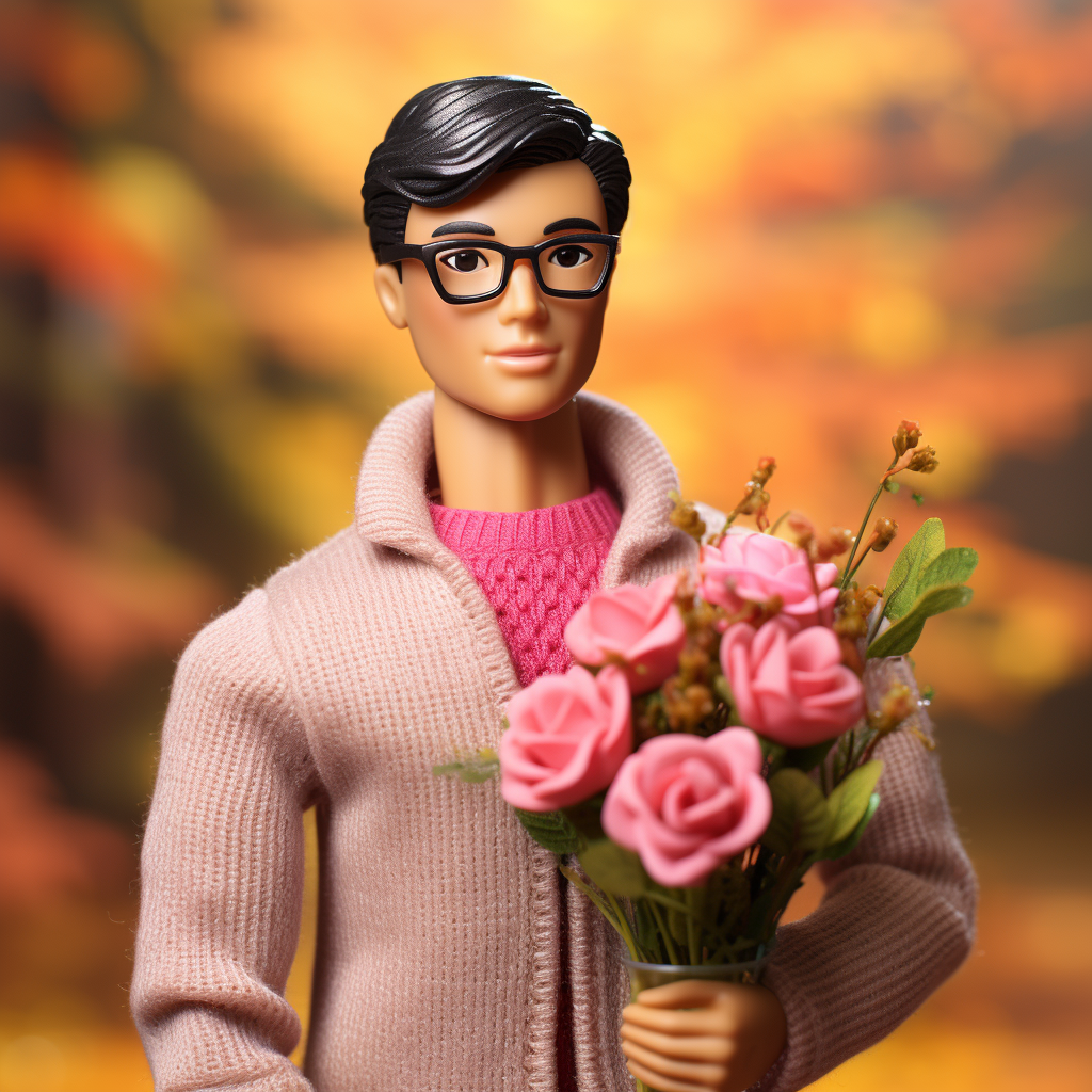 A Ken that is smiling while wearing a knitted sweater and holding a bouquet of roses
