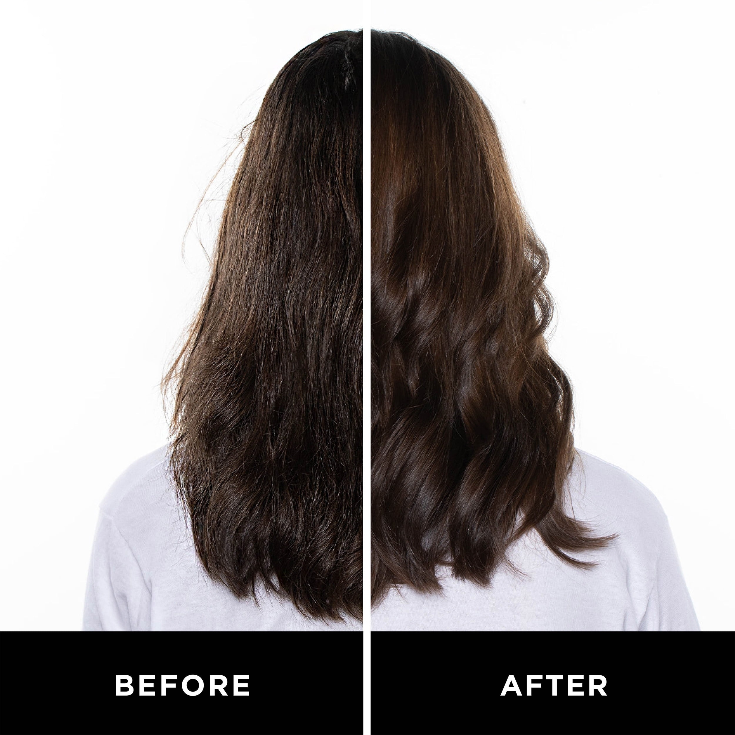 a model showing their hair before and after using the spray