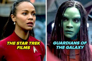 Zoe Saldaña in star trek and Guardians of the Galaxy