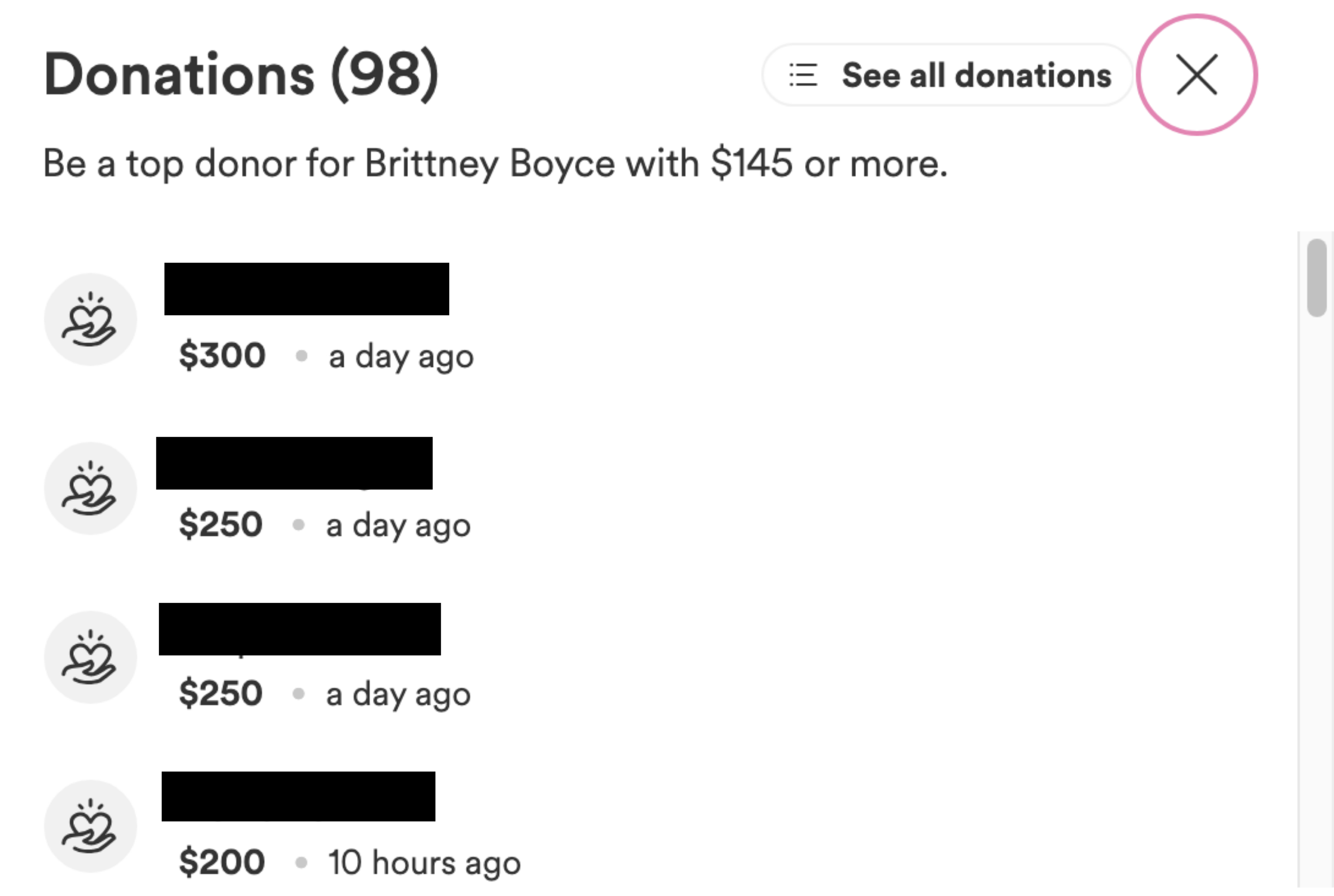 list of the donation amounts given